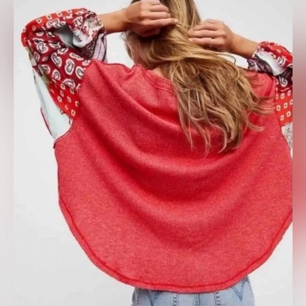 Free People We The Free Blossom Patchwork Balloon Sleeve Boho Thermal Top